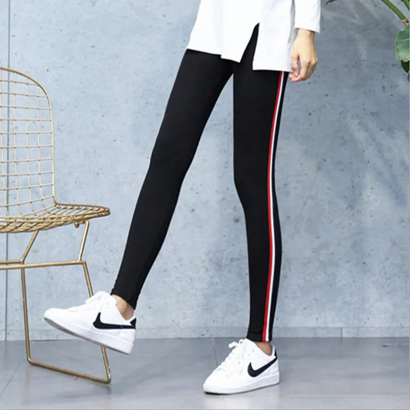 High Quality Cotton Leggings Side Stripes Women Casual High-stretch Leggings Pants High Waist Fitness Leggings Female