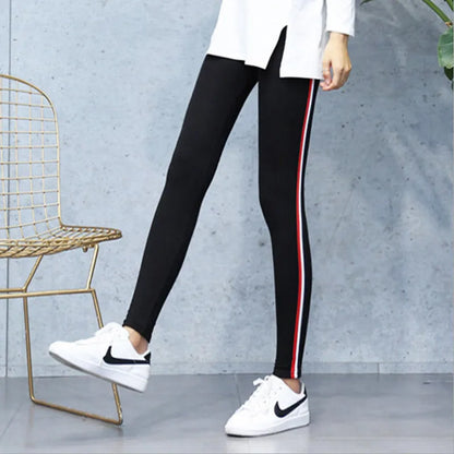 High Quality Cotton Leggings Side Stripes Women Casual High-stretch Leggings Pants High Waist Fitness Leggings Female