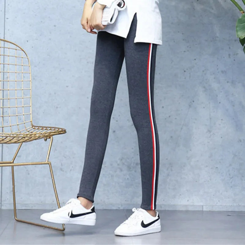 High Quality Cotton Leggings Side Stripes Women Casual High-stretch Leggings Pants High Waist Fitness Leggings Female