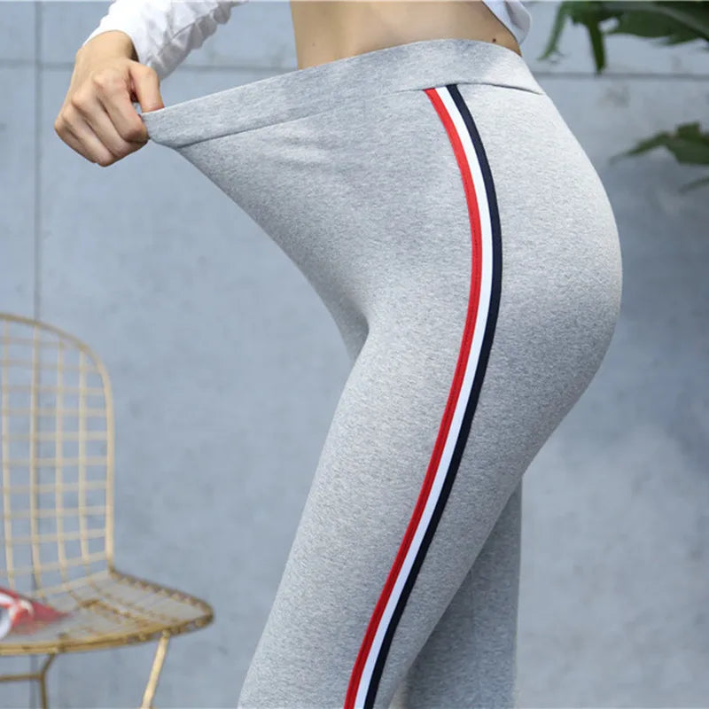 High Quality Cotton Leggings Side Stripes Women Casual Legging Pants High Waist Fitness Leggings Plump Female