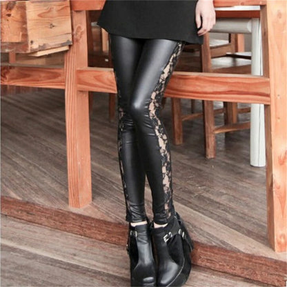 High Quality 1Pc black Sexy Splicing Lace Leather Slim Fit Leggings Skinny Stretch Pants Trousers high quality