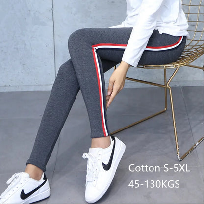 High Quality Cotton Leggings Side Stripes Women Casual High-stretch Leggings Pants High Waist Fitness Leggings Female