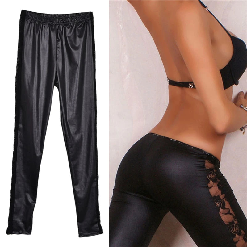 High Quality 1Pc black Sexy Splicing Lace Leather Slim Fit Leggings Skinny Stretch Pants Trousers high quality