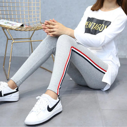 High Quality Cotton Leggings Side Stripes Women Casual High-stretch Leggings Pants High Waist Fitness Leggings Female