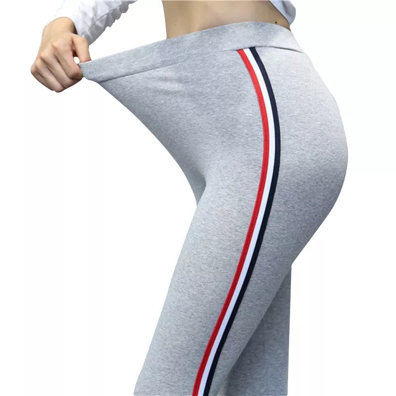 High Quality Cotton Leggings Side Stripes Women Casual High-stretch Leggings Pants High Waist Fitness Leggings Female