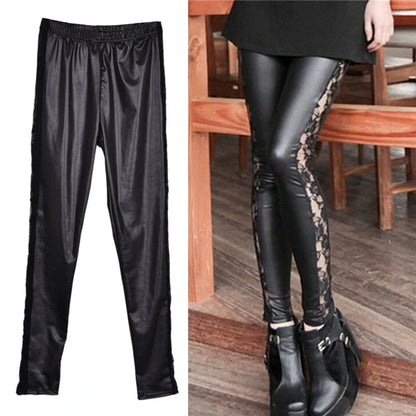 High Quality 1Pc black Sexy Splicing Lace Leather Slim Fit Leggings Skinny Stretch Pants Trousers high quality