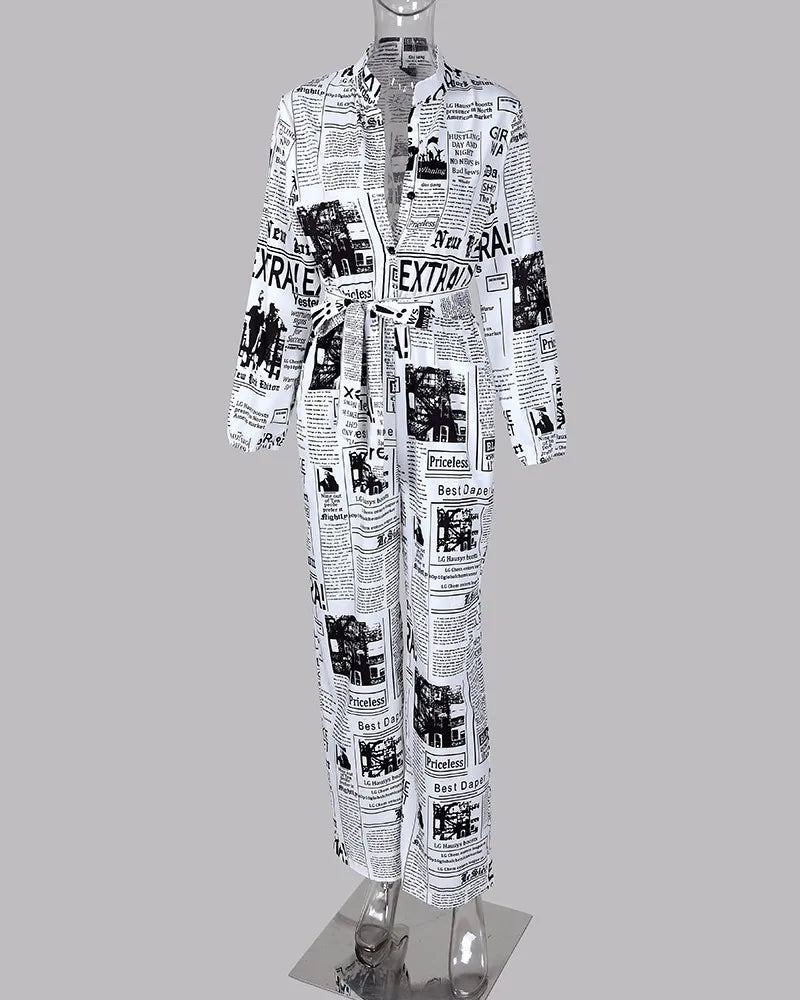 Headline Print Tied Waist Rompers / One Piece Jumpsuit