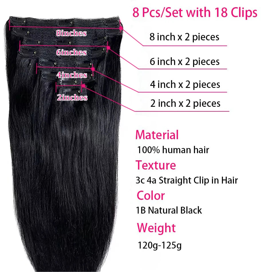 HD Quality 120G 8Pcs/Sets Clip In Hair Extensions Human Hair 10 to 26 Inch Brazilian Remy Straight Hair Natural Black 4 613 Color For Women