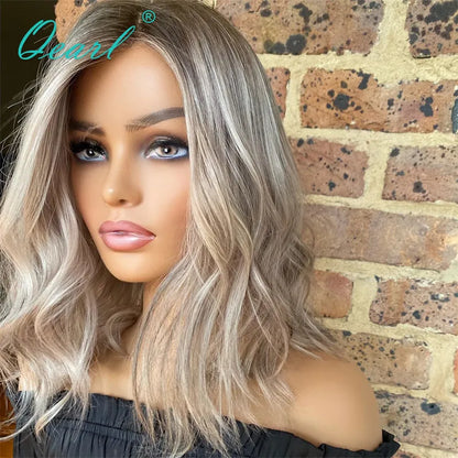 Glue-less HD Quality Human Hair Wigs Lace Frontal Wig for Women Ombre Wavy Ash Blonde Highlights Lace Wig Free ship 13x4