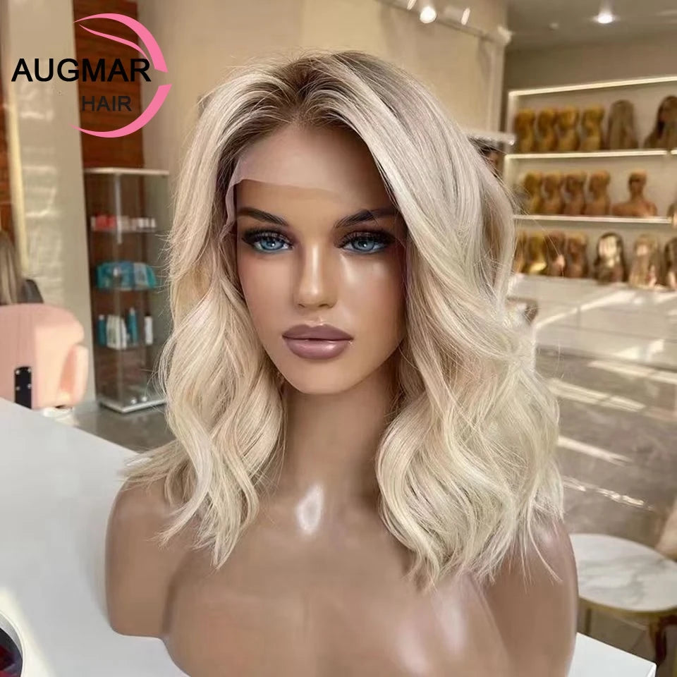 HD Quality 13x4 Short Body Wave Lace Front Wig Brown Blonde Highlight Human Hair Wigs For Women Pre Plucked Virgin 13x6 HD Lace Frontal Wig Ombre Wavy