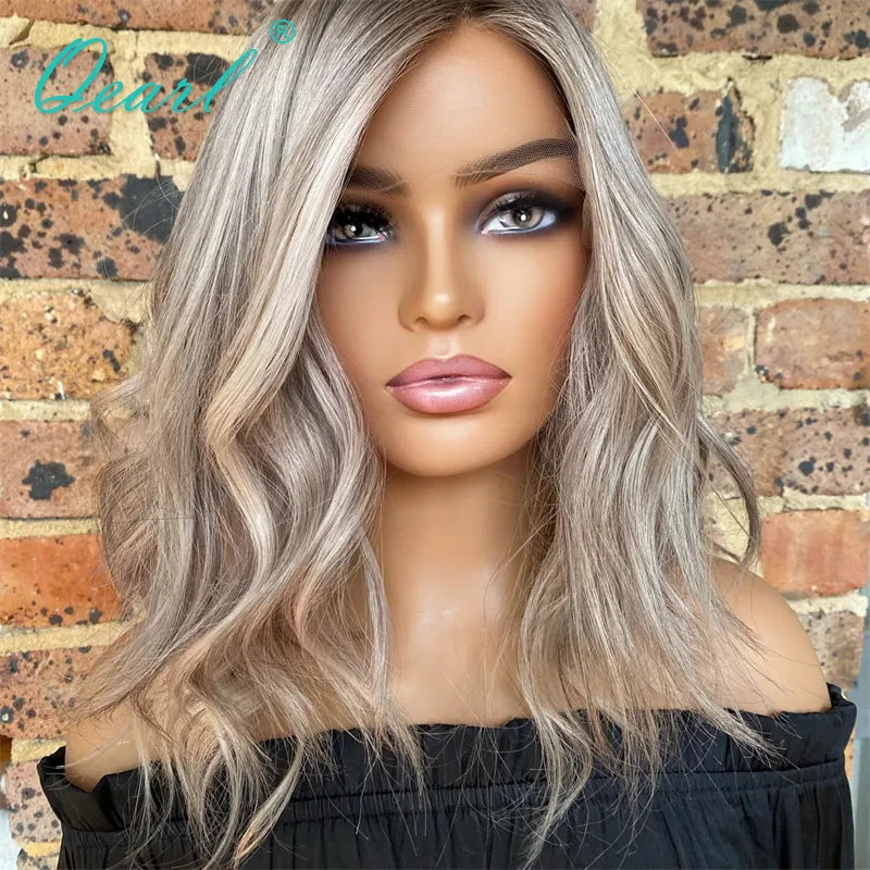 Glue-less HD Quality Human Hair Wigs Lace Frontal Wig for Women Ombre Wavy Ash Blonde Highlights Lace Wig Free ship 13x4