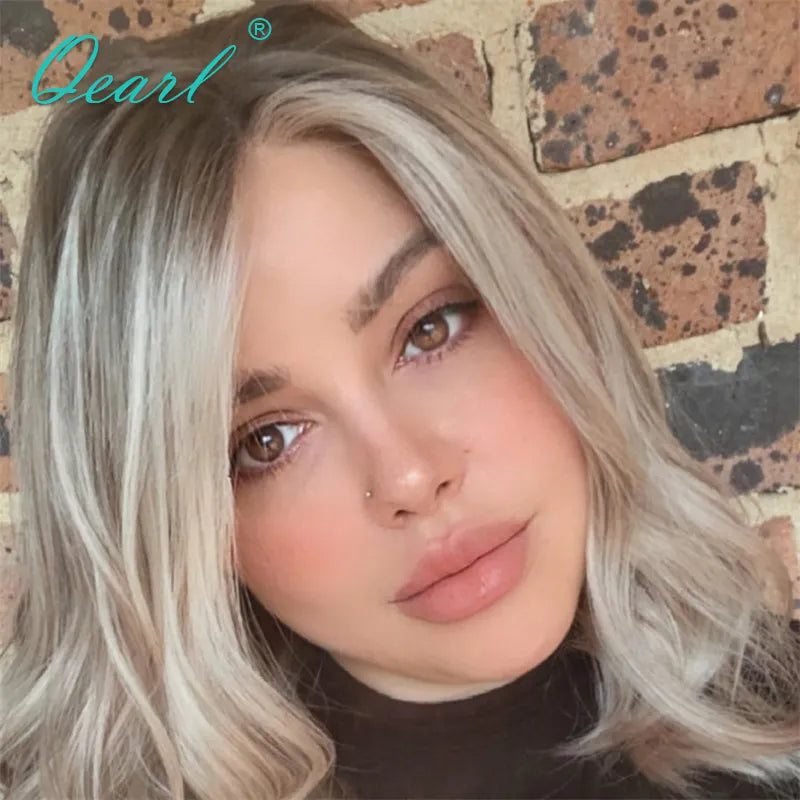 Glue-less HD Quality Human Hair Wigs Lace Frontal Wig for Women Ombre Wavy Ash Blonde Highlights Lace Wig Free ship 13x4